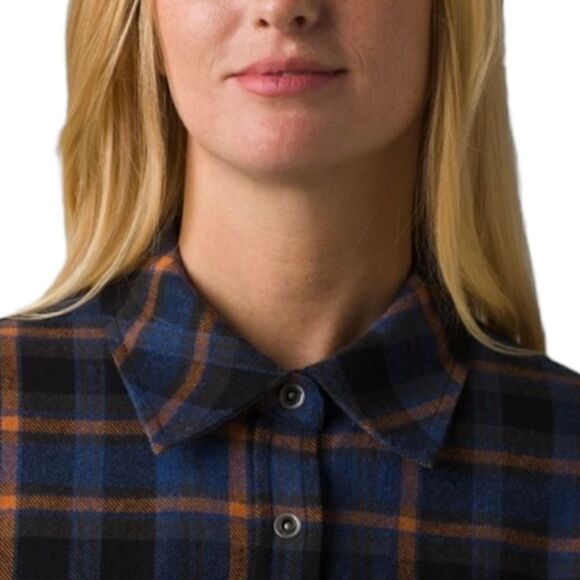 prAna Organic Flannel Shirt Rich Sapphire Blue Plaid Cozy Fall Layering Sz S NWT - Picture 7 of 11